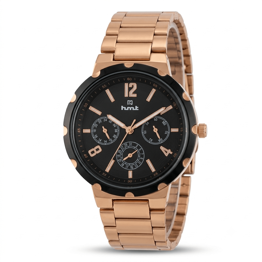 1789125074894 Premium Hmt Cronograph Rose gold watch with black ring for Men's - Image 1