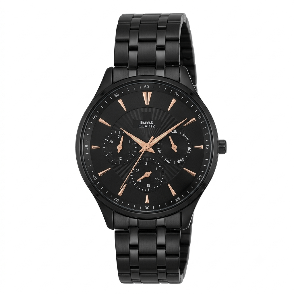 1789125923101 Premium Black HMT Men’s Multi-Function Quartz Analog Watch | Stainless Steel Bracelet with Day, Date & 24-Hour Indicators - Image 1