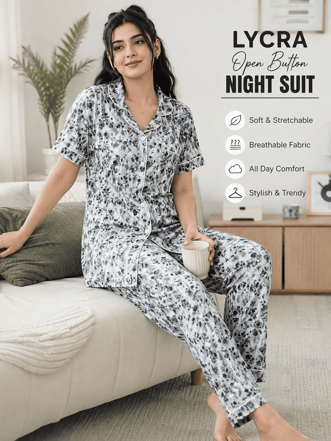 258635 Lycra Open Button Night suit - Image 1