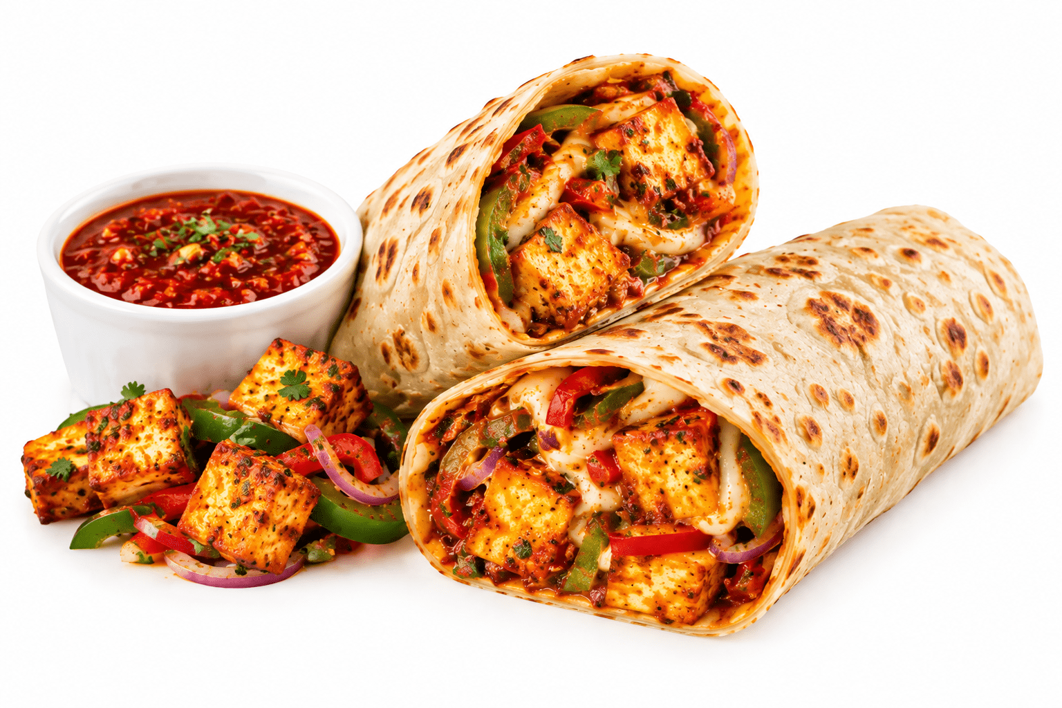 ChatGPT Image Sep 18, 2026, 09_34_42 PM Schezwan Panner Tikka Wrap (Marinated Cottage, Cheese Served with Scehzwan Sauce & Wrap with Roomali) - Image 1